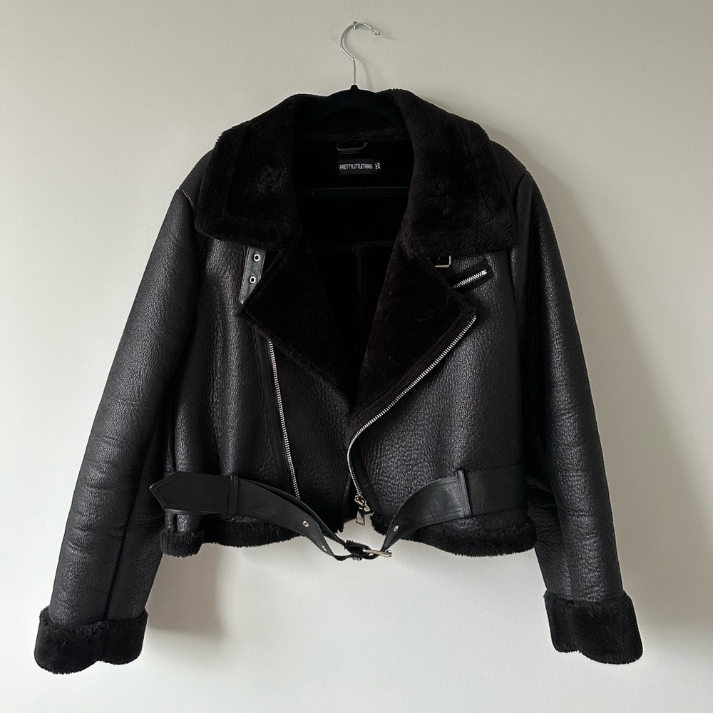 PrettyLittleThing Black Faux Leather Shearling Biker Jacket